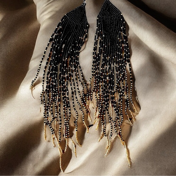 Dramatic Black and Gold Hand Beaded Cascade Earrings - Picture 6 of 16